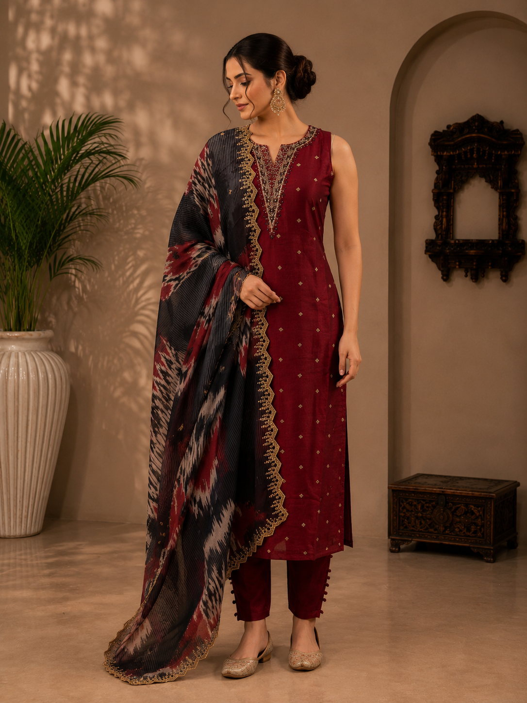 Maroon Vichitra Silk Straight Suit Set with Abstract Printed Dupatta